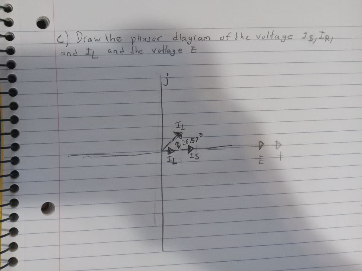 is,
c) Draw the phasor diagram of the voltage IS, IRI
and IL and the voltage E
j
IL
26,570
IL
IS
E
+