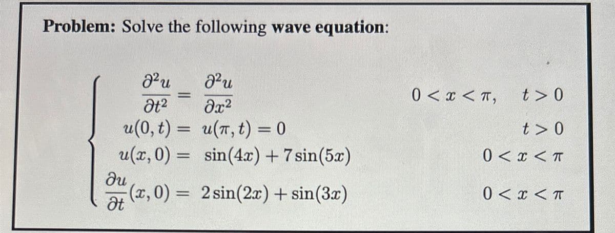 Problem: Solve the following wave equation:
J²u
J²u
=
Ət²
მე2
u(0,t) = u(T,t)=0
u(x, 0) = sin(4x) + 7 sin(5x)
ди
(x, 0) = 2sin(2x) + sin(3x)
Ət
0 < x <π,
t > 0
t> 0
0 < x <T
0 < x <π